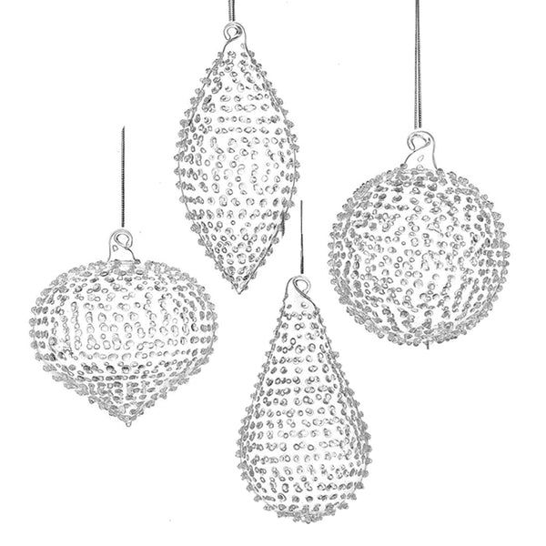 Set of 4, Clear Dotted Glass Ornaments